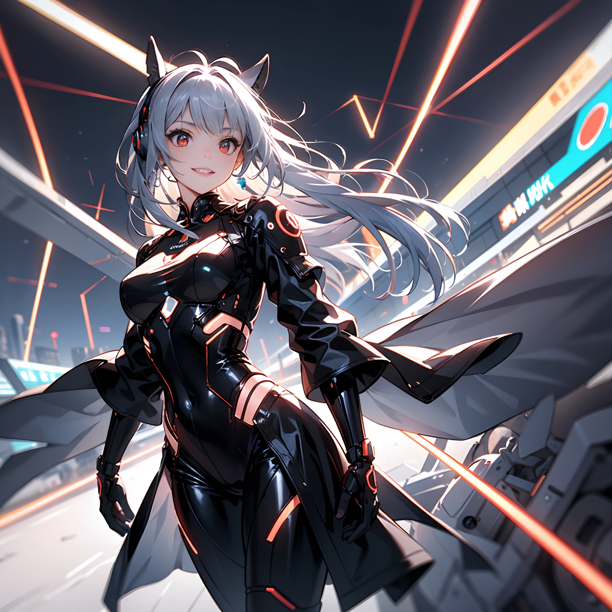 ((Masterpiece, Best quality)), 8K wallpaper, Mechanical girl, Long hair, Red hair, Solo, dress, Humanoid robots, cyber punk perssonage, Red eyes, view the viewer, Long sleeves, Building, White dress, mitts, hair adornments, Black jacket, Smile, Floating hair, Closed mouth, looks away, Outdoors, Future science fiction, Antenna ears, Dutch angle, Constructivism, optical illusion, f/2.8, best quality, retina