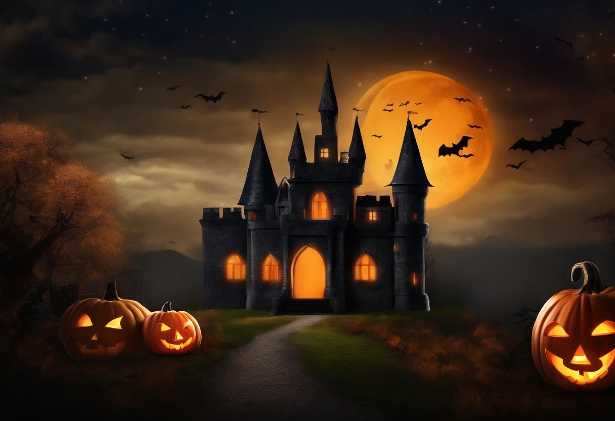 Happy Halloween background with pumpkin and castle, halloween celebration, Halloween, halloween wallpaper with ghosts, halloween theme, halloween atmosphere, spooky halloween fun, halloween night, in a halloween style, terroral》, horror”, creepy themed, halloween scene, spooky halloween night, Trick or Treat, ❤🔥🍄🌪, 8K)), header text”