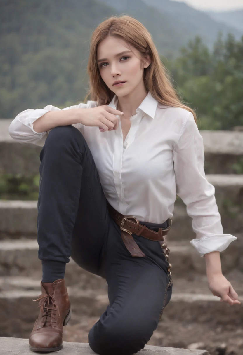 Ott style, shingeki no kyojin,, , Krista Lentz,, 1girll, belt, belt buckle, Blonde hair, Blue eyes, brownfootwear, Brown pants, Buckle, Chest belt, Collared shirt, Diamond (Shape), Floating hair, From the side Side, full bodyesbian, greybackground, hair between eye, hands on own thighs, Long hair, Long sleeves, watching the future, Own hands together, Pants, parted lip, shirt, shoes, Sitting, Solo, Sparkle, Star (symbol), thigh band, White shirt, , , ((Masterpiece)), Best quality, ,