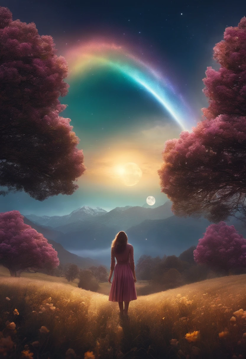 A wide landscape photo, (viewed from below, the sky is above, and the open field is below), a girl standing on a flower field looking up, (full moon: 1.2), (meteor: 0.9), (nebula: 1.3), distant mountains , Trees BREAK Crafting Art, (Warm Light: 1.2), (Firefly: 1.2), Lights, Lots of Purple and Orange, Intricate Details, Volumetric Lighting BREAK (Masterpiece: 1.2), (Best Quality), 4k, Ultra Detailed, (Dynamic Composition: 1.4), Rich in Detail and Color, (Rainbow Color: 1.2), (Glow, Atmospheric Lighting), Dreamy, Magical, (Solo: 1.2)