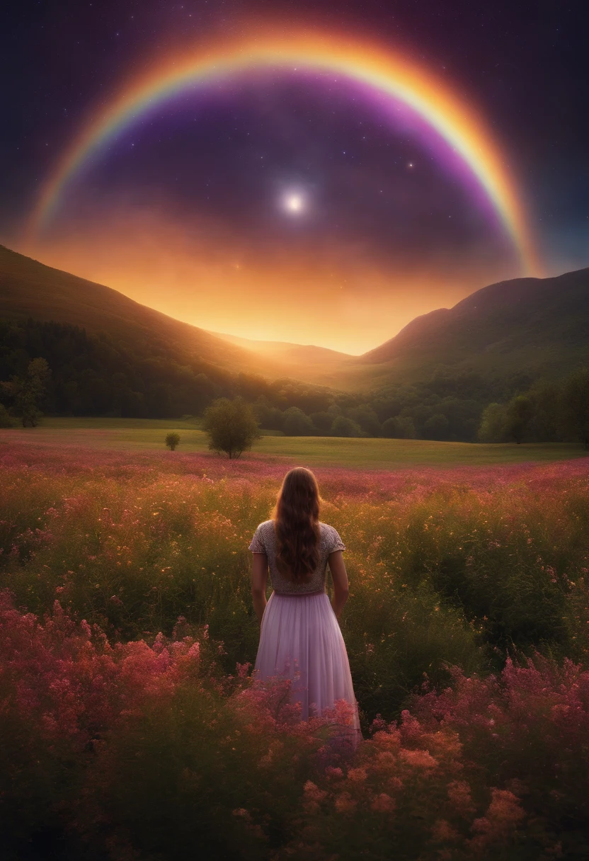 A wide landscape photo, (viewed from below, the sky is above, and the open field is below), a girl standing on a flower field looking up, (full moon: 1.2), (meteor: 0.9), (nebula: 1.3), distant mountains , Trees BREAK Crafting Art, (Warm Light: 1.2), (Firefly: 1.2), Lights, Lots of Purple and Orange, Intricate Details, Volumetric Lighting BREAK (Masterpiece: 1.2), (Best Quality), 4k, Ultra Detailed, (Dynamic Composition: 1.4), Rich in Detail and Color, (Rainbow Color: 1.2), (Glow, Atmospheric Lighting), Dreamy, Magical, (Solo: 1.2)