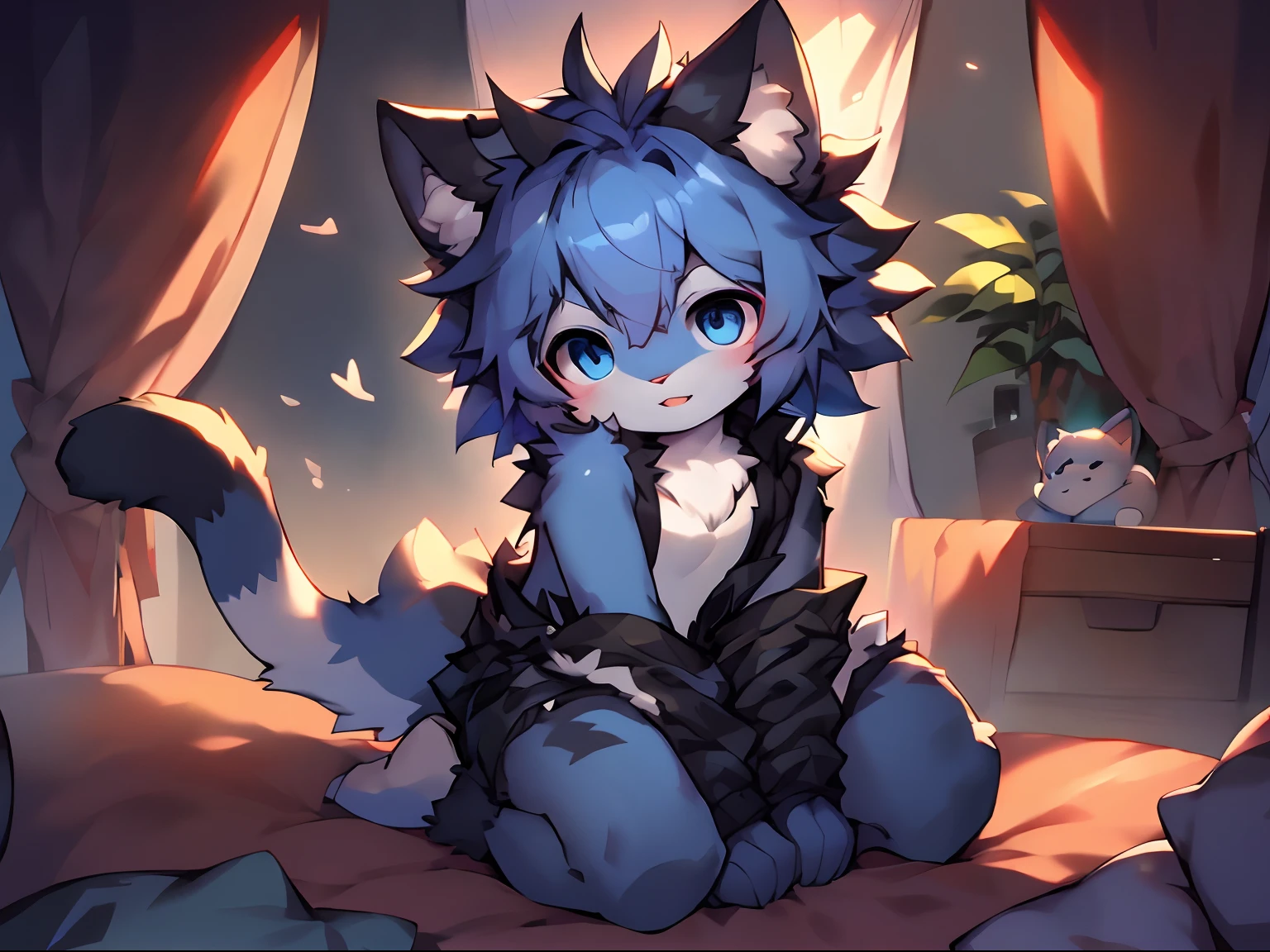 three fourths view，Dark blue body，Fluffy hair，blue hairs，ddlers，Blue eyes ， adolable， Master masterpieces， A high resolution，8K，detailedbackground，high high quality，Libido boy，独奏，Cat-incarnated man ，catss，cat ear，Tiger Tooth，Cat tail((独奏,solo person,  arms tied，Kneeling pose，on top of the bed，kneeling on a bed)),the shy，solo person，(author：Puinki,By Artists:1.2),(author：Unreal Land,author：Sumi Kuroi,author：Milk Tiger 1145,author：Morkey,author：Emolga 1)