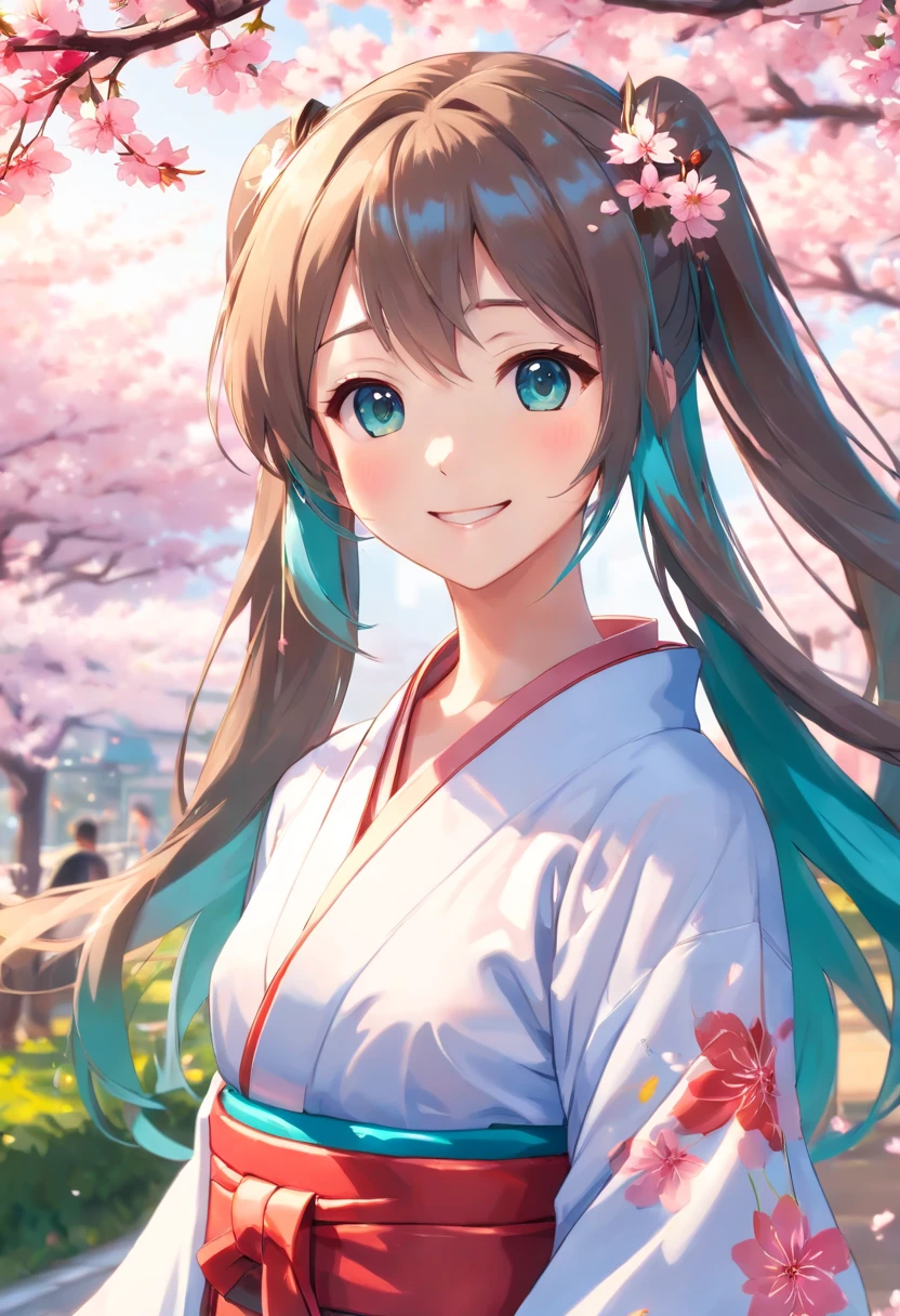 (masutepiece, Daylight portrait:1.3), (Fascinating image of Hatsune Miku under the cherry blossoms:1.2), (Sony A6400 Camera, Known for fast autofocus and detail preservation:1.2), (Paired with Sony E 50mm f/1.8 OSS Lens,Captures clear and detailed portraits:1.2), (long, Smooth brunette hair is smoothly layered, intricate detailes:1.1), (Fine hair glitters in the light:1.1), (Symmetrical face is decorated with professional makeup:1.1), (Delicate figure in traditional kimono of Japan:1.1), (Shiny hair catches the sun,rejuvenate:1.1), (A charming smile exudes real warmth:1.1), (Vivid cherry blossoms paint a tranquil landscape:1.1), (Quiet park environment, Vivid with spring colors:1.1), (The sensor of the camera is、Capture the meticulous intricacies of her facial features and attire:1.1), (The camera focuses on her smile, Capture its natural charm:1.1), (Instantly freeze in time, Embodying youth and natural beauty:1.1), (A harmonious blend of cultural elegance and pleasant authenticity:1.1), (Portrait of true happiness under the cherry blossoms:1.1)