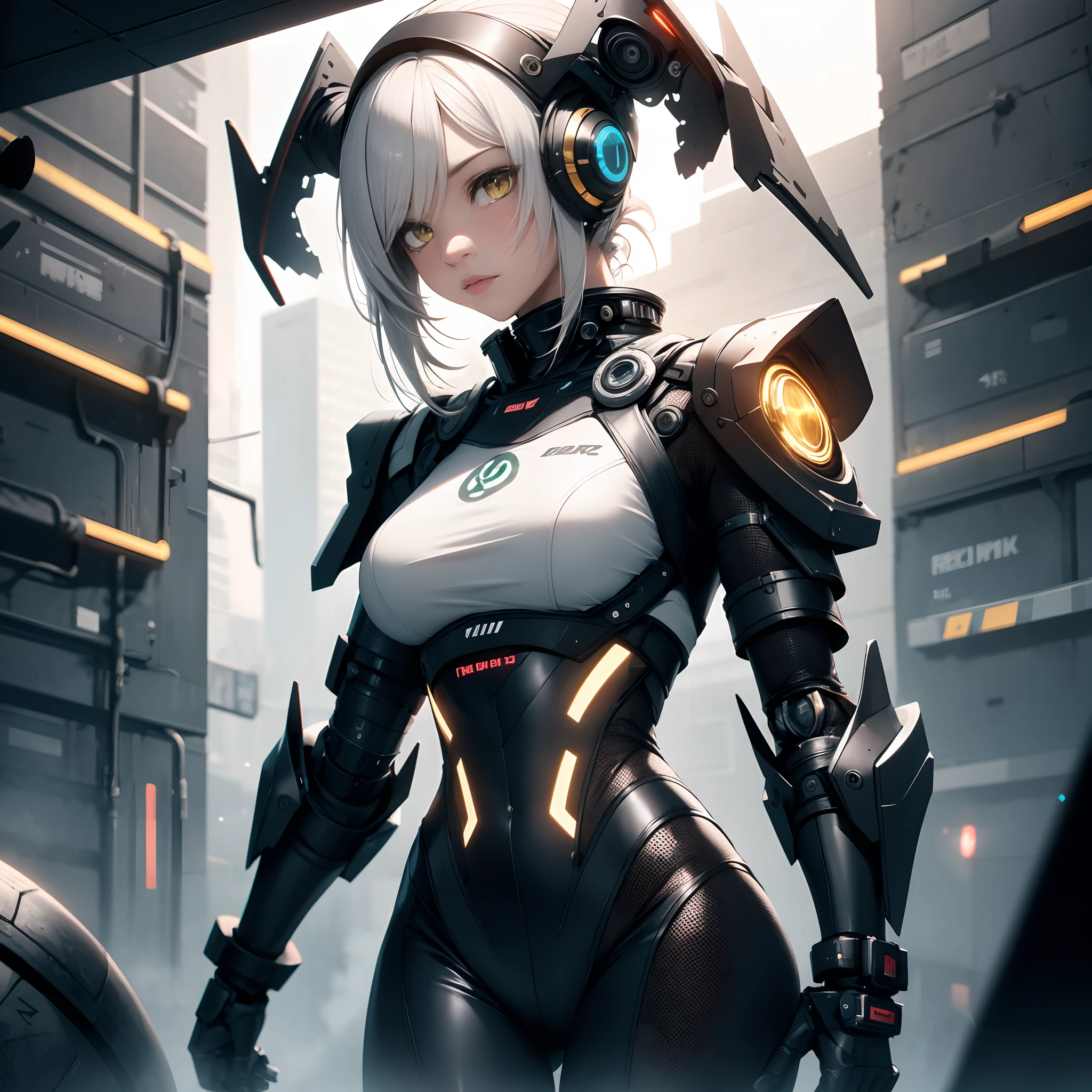 ，masterpiece, best quality，8k, ultra highres，MKSKS style, 1 mech girl, Surrounded by yellow lights, Gold eyes, White hair, Robotic arm, no smile, Ultra detailed, dynamicposes, Futuristic fantasy, cyber punk perssonage, Bolide, Battlefield ruins, Cubism, god rays, hatching (texture), Fujifilm, Masterpiece, highres, award winning