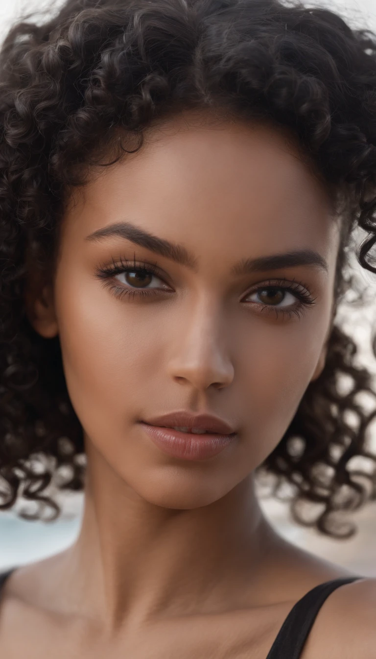 A beautiful and amazing black Brazilian woman,portrait of upper body,Free curls, Black curly hair, (dark shorter curly hair), Wild black long curly hair, multiversal hair, Brazilian, Short black curly hair, Curly black hair, Curls, wavy hair spread out, Baroque curls, curlies, curly, Fair curly hair, Hair texture, curly bang, in an italian beach club
