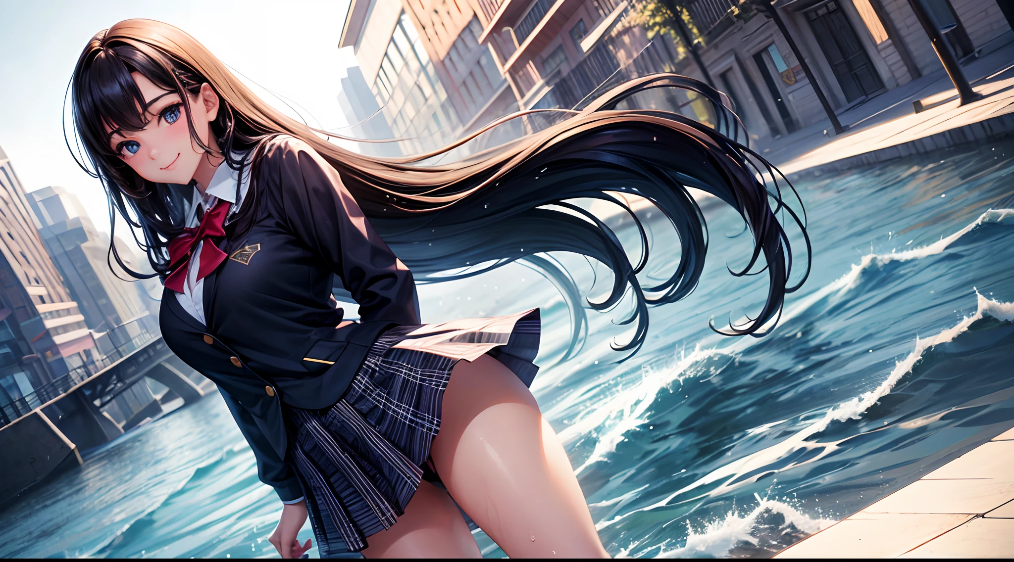 (8K), (Best quality: 1.2), (Realistic), (Photorealistic: 1.37), hyper HD, 1 girl, Cute, Smile, Closed mouth, Beautiful details, Beautiful nose, full bodyesbian, Wet hair, school uniform, Thighs