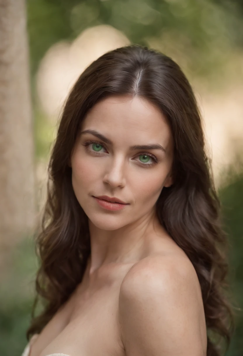 35 year old woman, Brunette with green eyes and small tits, cuerpo entero, desnuda, fotografia hiperealista