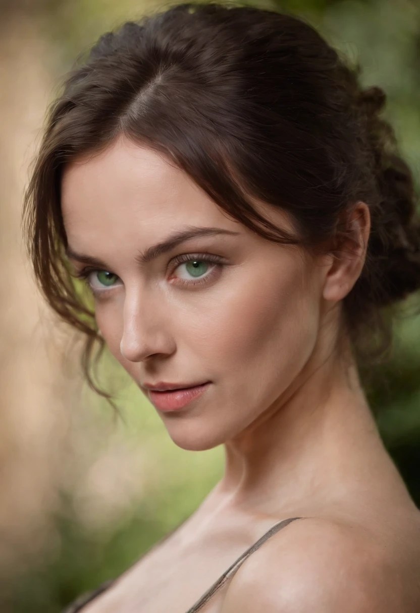 35 year old woman, Brunette with green eyes and small tits, cuerpo entero, desnuda, fotografia hiperealista