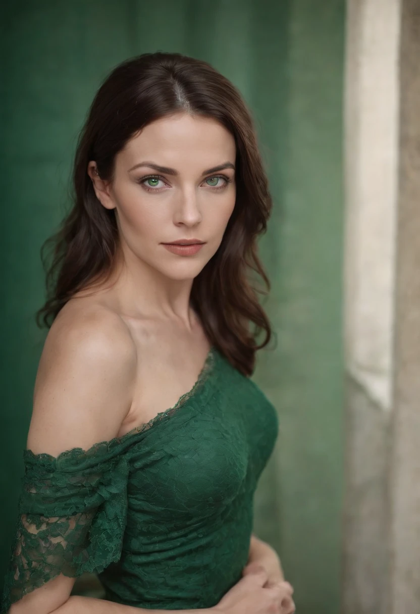35 year old woman, Brunette with green eyes and small tits, cuerpo entero, desnuda, fotografia hiperealista