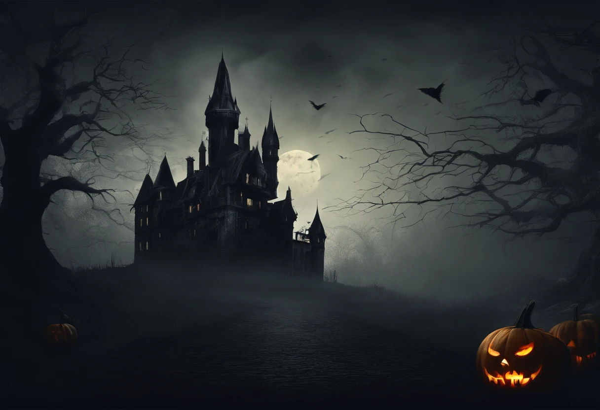 Happy Halloween background with pumpkin and castle, halloween celebration, Halloween, halloween wallpaper with ghosts, halloween theme, halloween atmosphere, spooky halloween fun, halloween night, in a halloween style, terroral》, horror”, creepy themed, halloween scene, spooky halloween night, Trick or Treat, ❤🔥🍄🌪, 8K)), header text”
