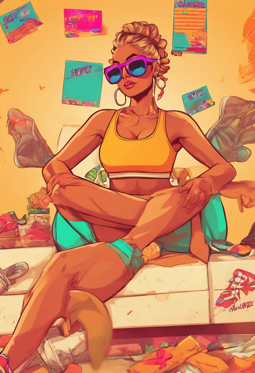masterpiece, best quality, tan skin, looking at viewer, sports wear, leggins, sitting, barefoot, simple logo designed background, from below, sunglasses,