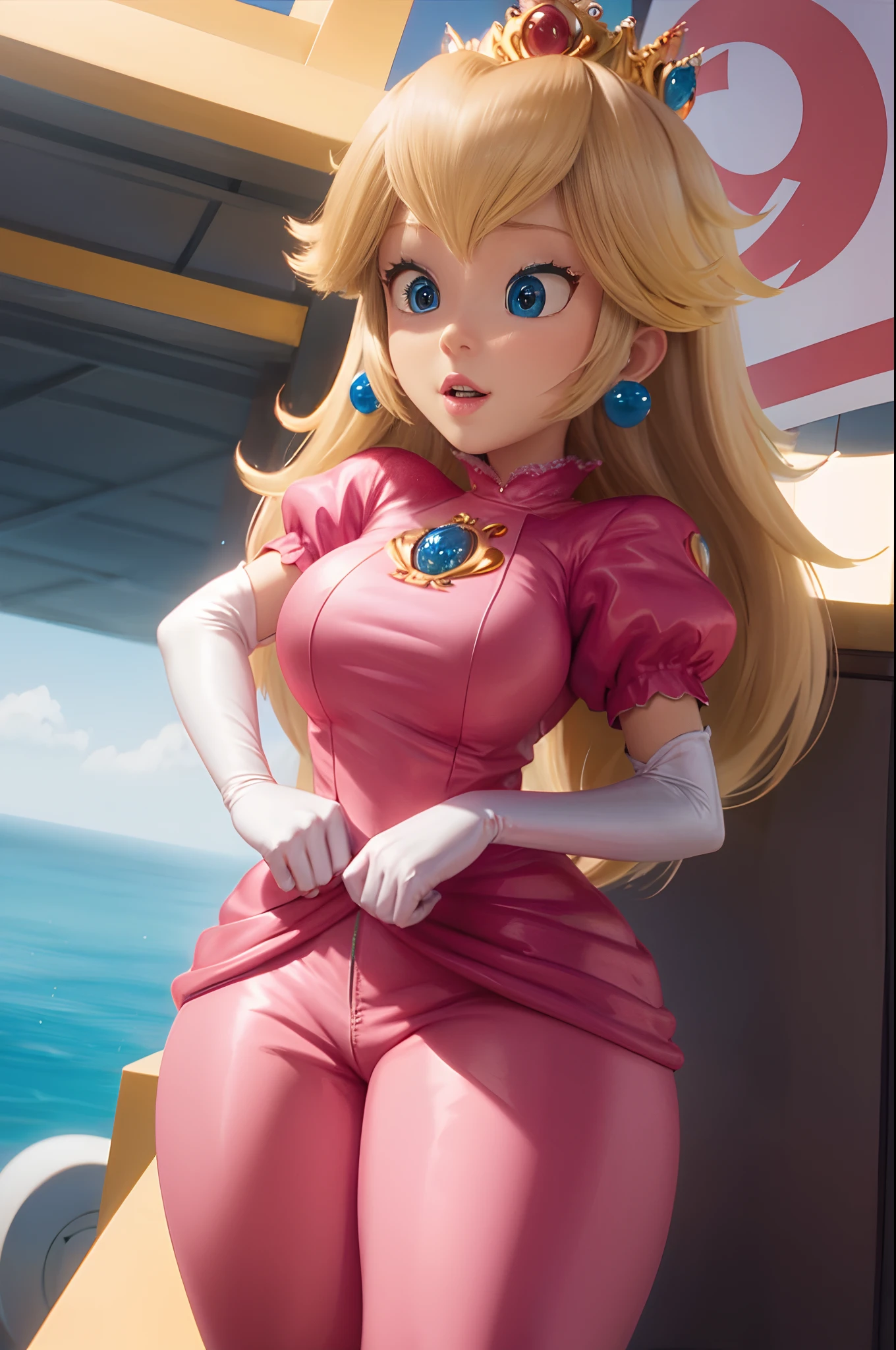 highres, masterpiece, perfect ligthing, bloom, cinematic lighting, adult, perfect skin, female,1girl,solo, (PrincessPeach), (Princess Peach), (Jumpsuit:1.5), Racing suit, detailled eyes, blue eyes, choker,navel,heavily makeup, glossy lips, pink lips,smile,glossy skin,oily skin,beautiful light,cowboy shot,