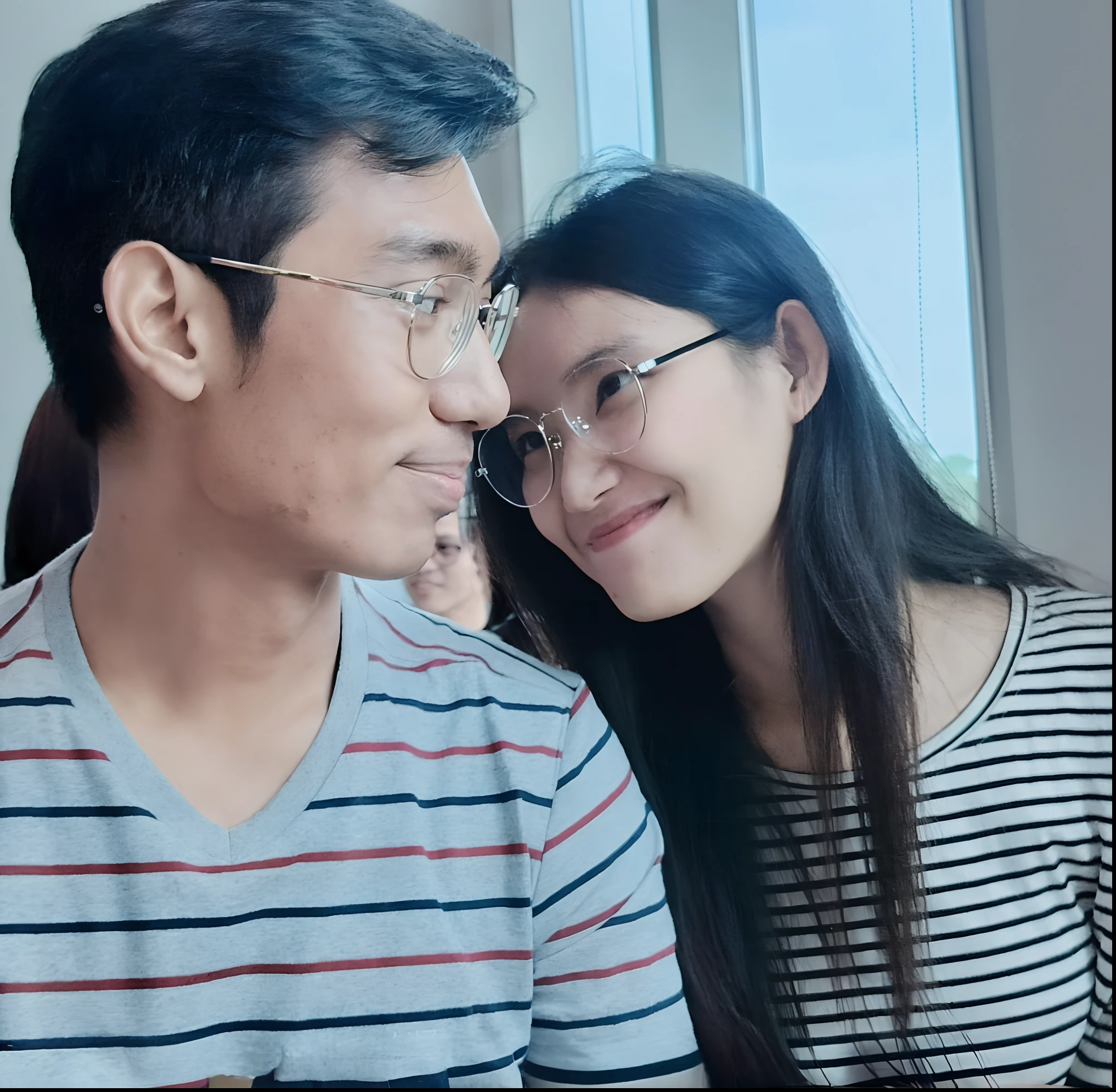 there is a man and woman sitting together at a table, ruan jia and fenghua zhong, ruan jia and brom, with her long, couple, lovely couple, a picture, happy couple, 😭🤮 💔, picture, very very low quality picture, reddit post, very accurate photo, profile image, facebook post, selfie shot straight on angle