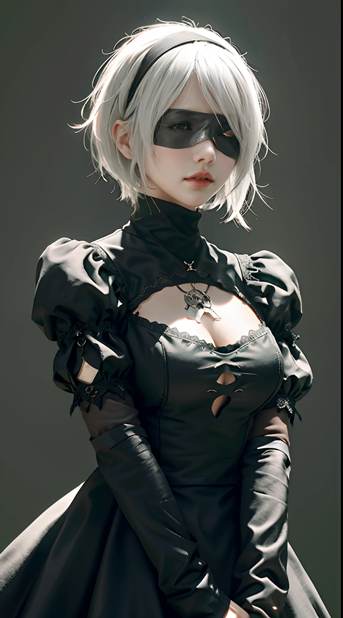 yorha no. 2 type b, 1girl, wlop, (blindfold), breasts, cleavage, cleavage cutout, clothing cutout, green background, hair between eyes, hairband, highres, juliet sleeves, long sleeves, nier (series), nier automata,  puffy sleeves, red lips, shaded face, short hair, solo, turtleneck, upper body, white hair, sky