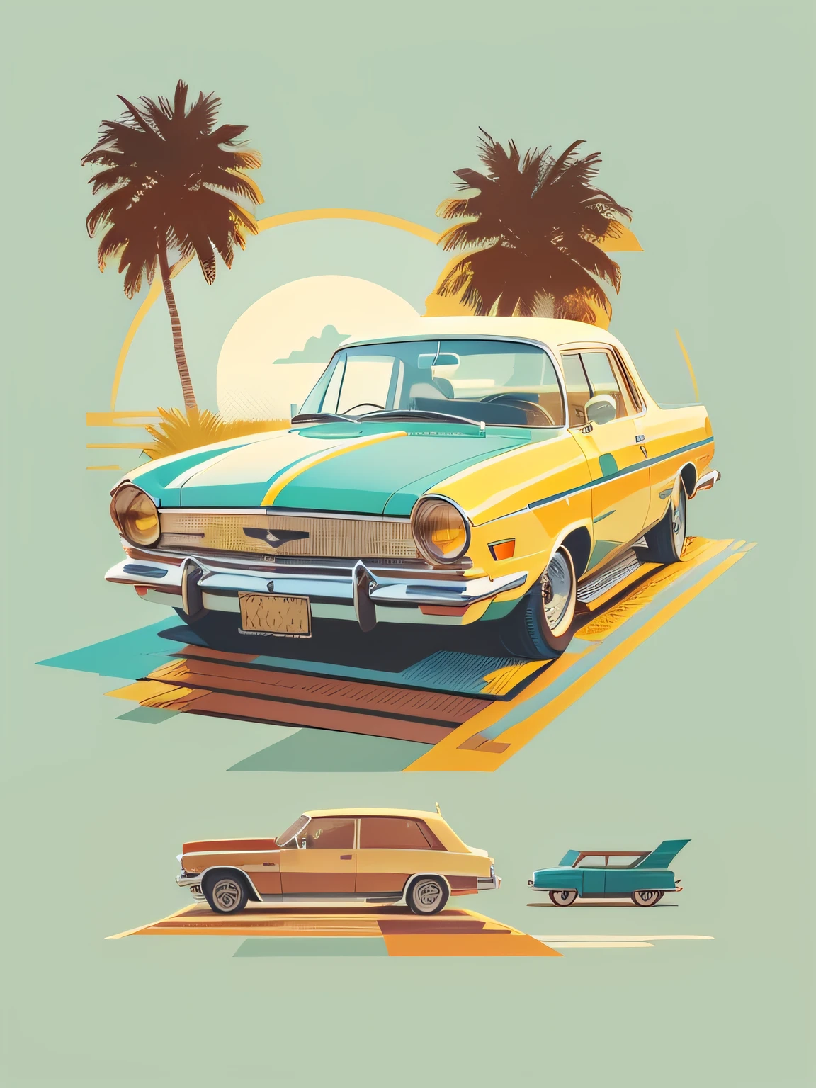 The flat design of a retro car, palms, Colorful shades, highly detailed cleaning, Vector image, Photorealistic masterpiece, realistic cars, Simple sunrise background of car, flat white background, isometry, Bright vector ((white backgrounid))