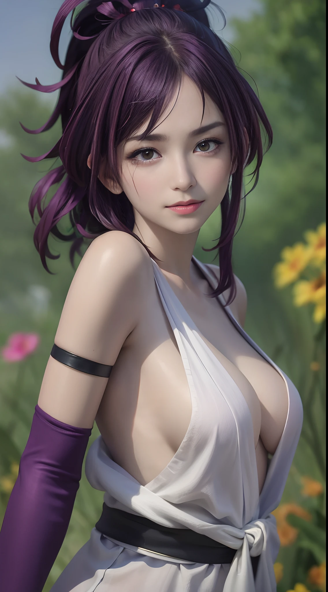 (best quality:1.1), (masterpiece:1.2), portrait,
1girl, yuzuriha_(jigokuraku), purple hair, brown eyes, ninja, open clothes, cleavage, small breasts, topknot, medium hair, breasts apart, white obi, smirk, outdoors, (blush:1.1), flowers,
Pure_Innocent_girl, pureerosface_v1, (face closeup),  pov, (((depth of field))), pale and lustrous skin,