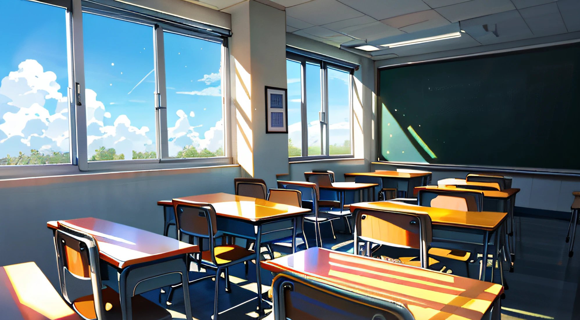 There are many desks and chairs with blackboards in this classroom., typical anime classroom, School Classroom, Classroom background, crass room, school class, Photos of the classroom, Background Classroom, in class room, In the classroom of the school, Inside the elementary school, High School Background, japanese high school, highschool, sitting in classroom, sunny environment, realistic afternoon lighting, Outside the window, the blue sky spreads out, There are a few clouds in the blue sky outside the window