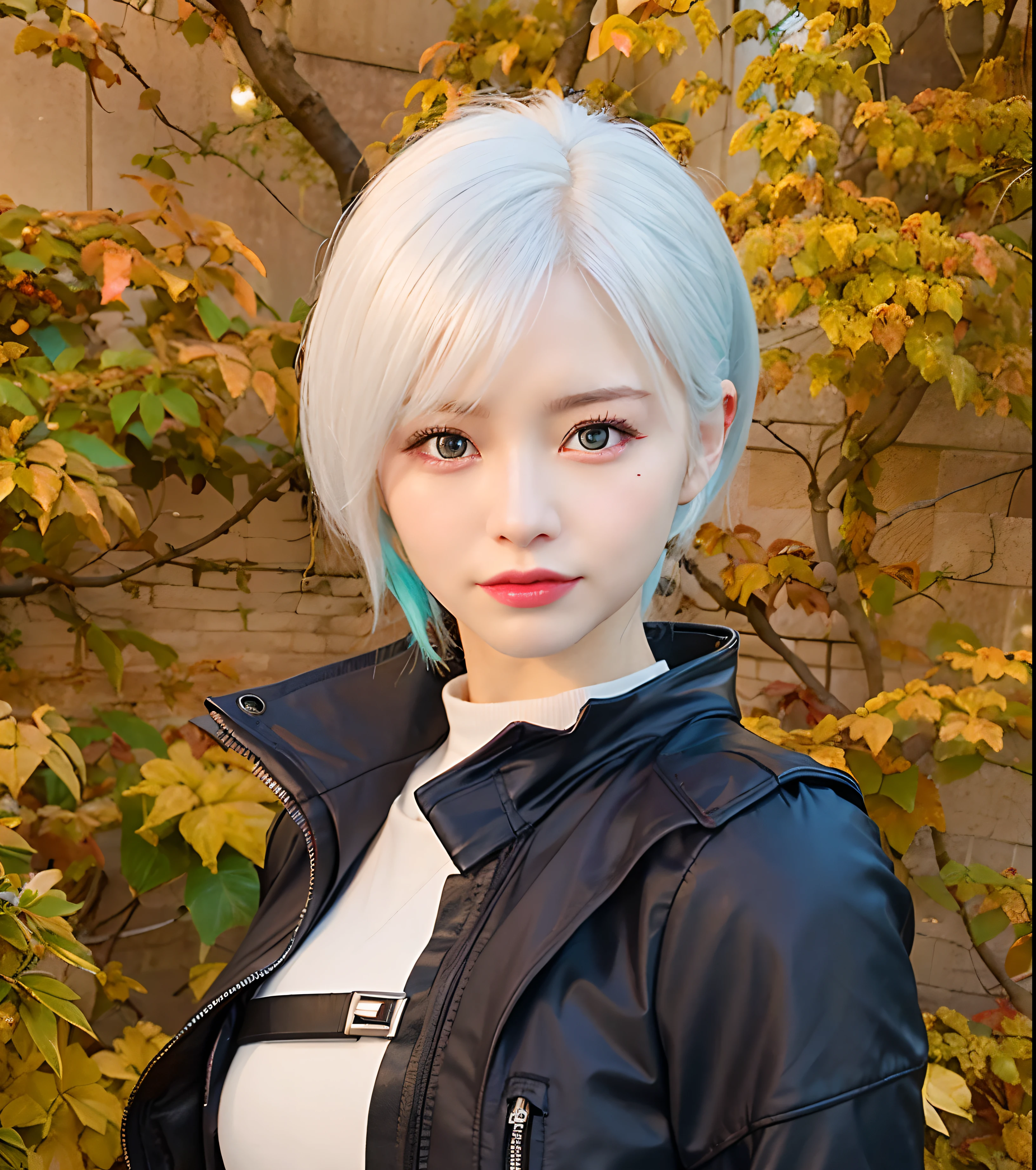 there is a woman with a blue hair and a black jacket, tifa lockhart with white hair, girl with white hair, girl with short white hair, female character, close up character, 8 k character details, character close up, photorealistic anime girl render, character close-up, perfect white haired girl, silver hair (ponytail), 2 b, 2b, realistic ada wong resident evil