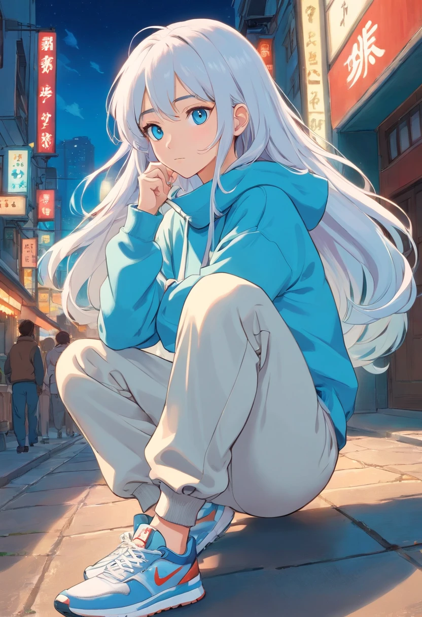 masterpiece, best quality, white long wavy hair , sharp light blue eyes , crop hoodie, turtle neck in , net waist , joggers , sneakers, tall , confident , lady , woman