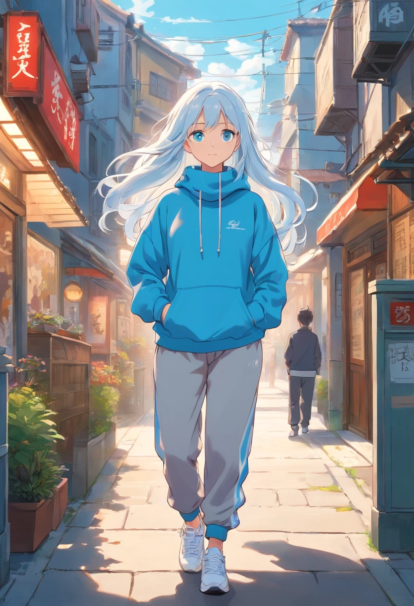 masterpiece, best quality, white long wavy hair , sharp light blue eyes , crop hoodie, turtle neck in , net waist , joggers , sneakers, tall , confident , lady , woman