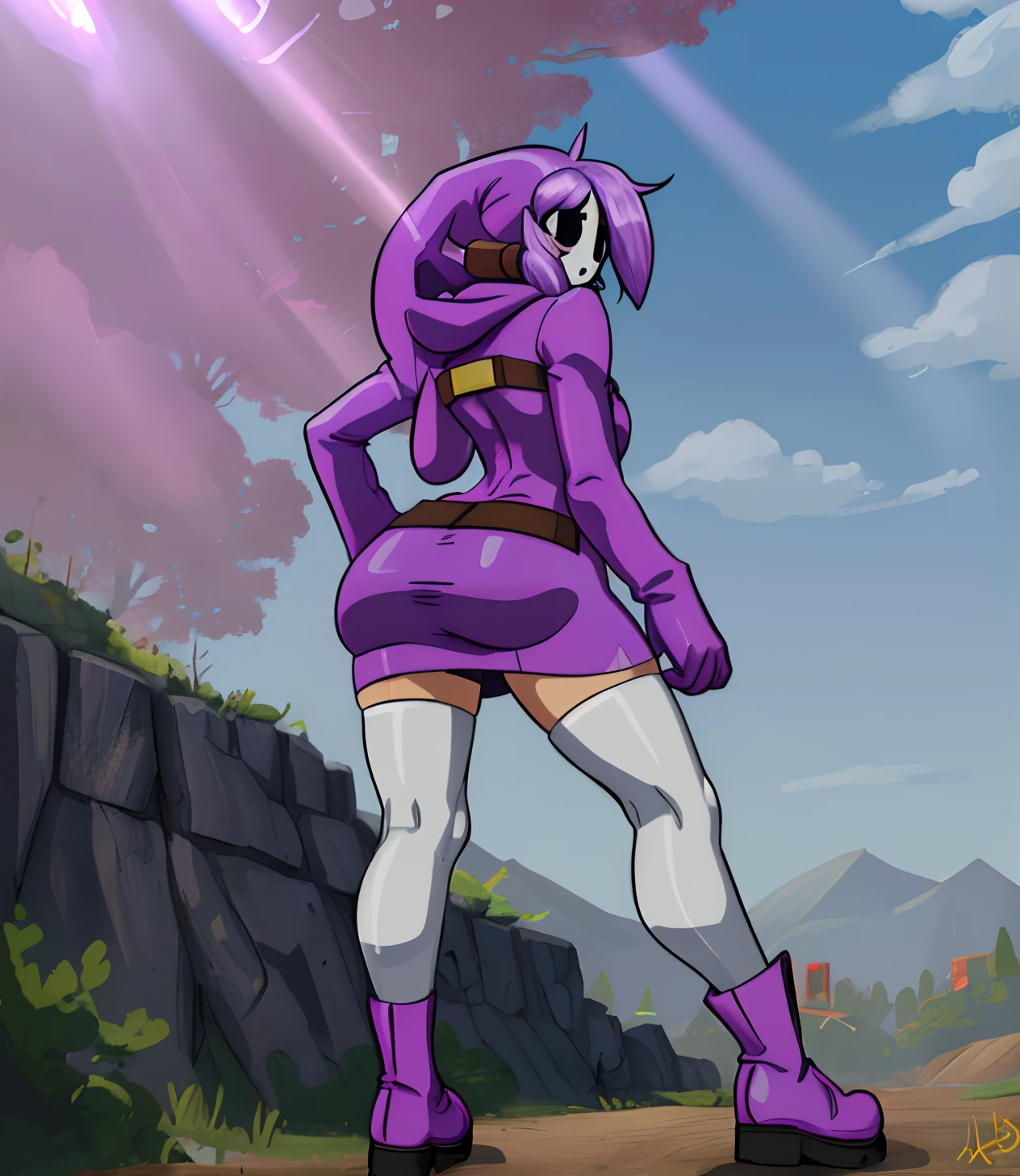 [shy gal], [Uploaded to e621.net; (twistedterra), (wamudraws), (cabronpr)], ((beautiful 2D art)), ((solo portrait)), ((back view)), ((High quality)), ((anime)), ((detailed shading)), ((intricate details)), {(shy guy), (woman body), (shy guy mask), purple hair, beautiful legs, (curvaceous hips)}, {(solid pink cloth dress), (short pink pencil skirt), pink hood, brown belts, (white over-knee socks), (purple heel boots), (purple shoes)}, {(standing)} [Background; (forest), (blue sky), (trees), (sun rays through trees)]