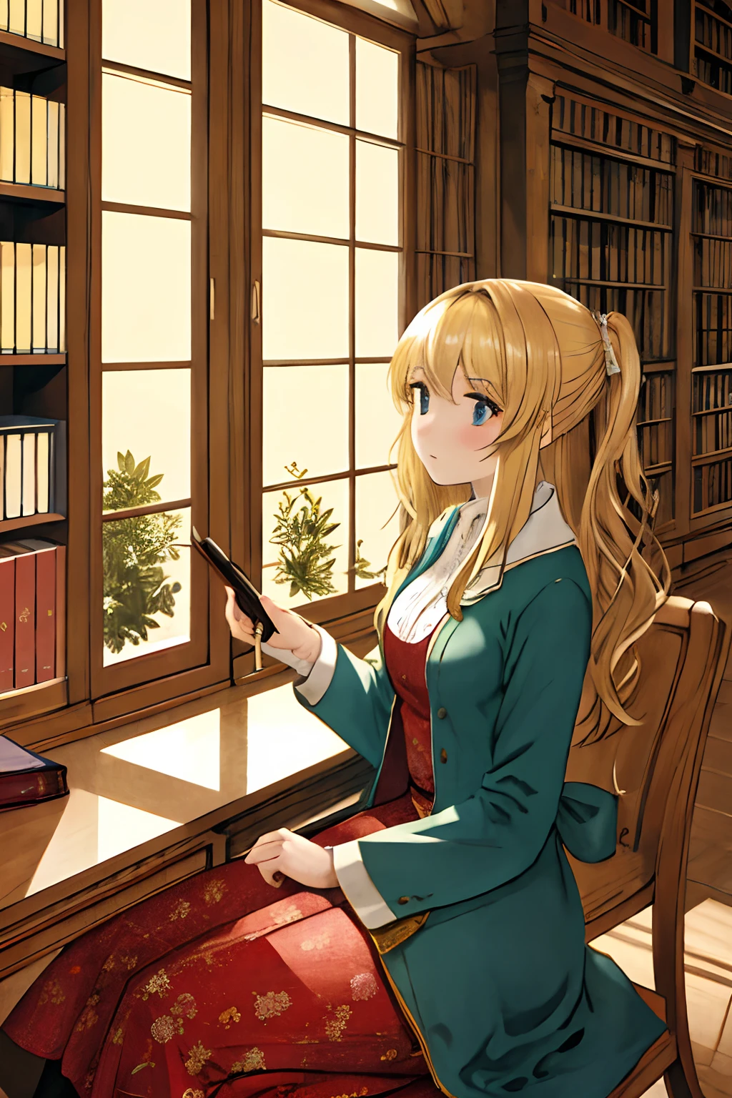 Masterpiece, top quality, face, 1 woman, solo, indoor, sitting, blonde, beautifully detailed interior, library