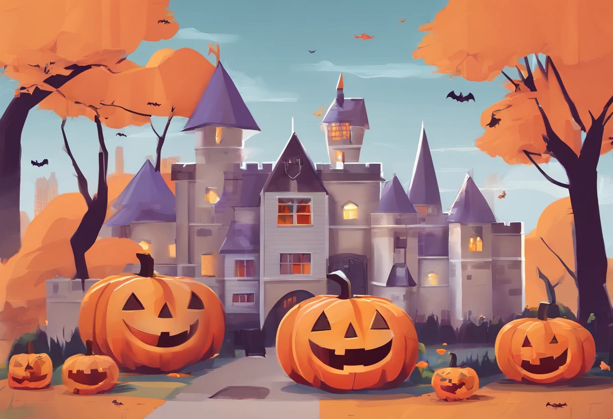 Happy Halloween background with pumpkin and castle, halloween celebration, Halloween, halloween wallpaper with ghosts, halloween theme, halloween atmosphere, spooky halloween fun, halloween night, in a halloween style, terroral》, horror”, creepy themed, halloween scene, spooky halloween night, Trick or Treat, ❤🔥🍄🌪, 8K)), header text”