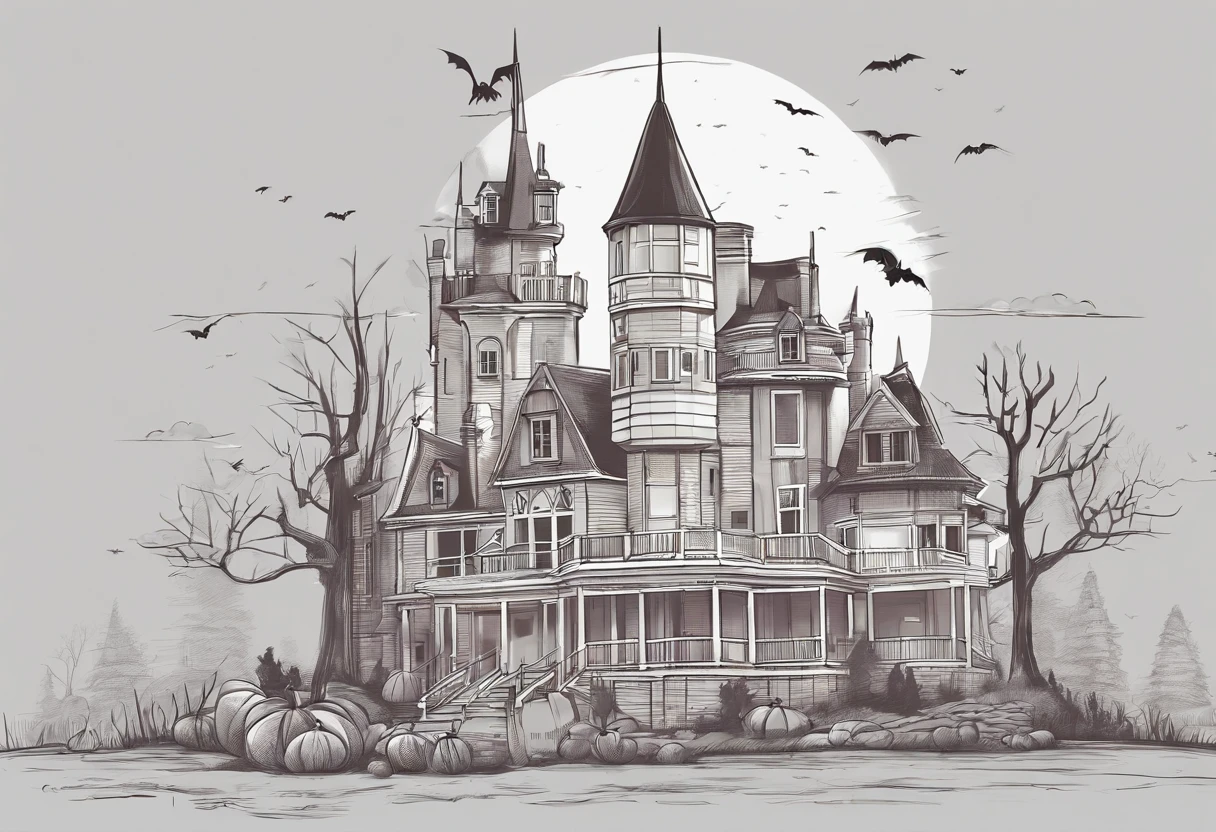 thin line drawing, lineart, fine stroke, de uma casa de halloween, monochromatic, black andwhite. no shadows, no gray color, lineart style