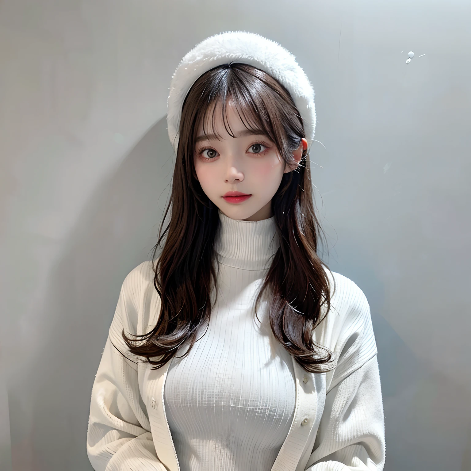 Furry white bucket cap,Cardigan sweater turtleneck jacket,White gray background wall