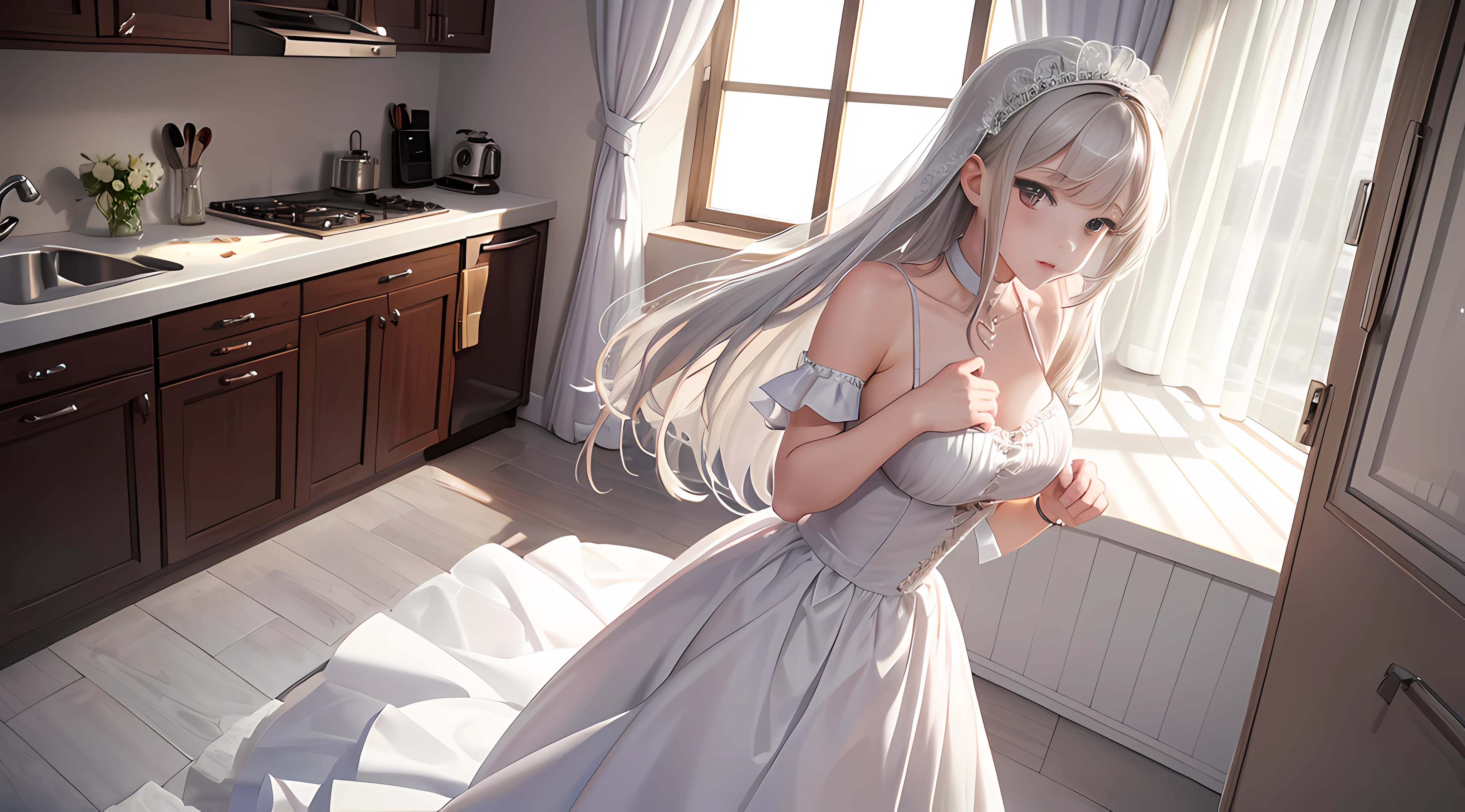 Girl white wedding dress，A kitchen knife stuck in his chest