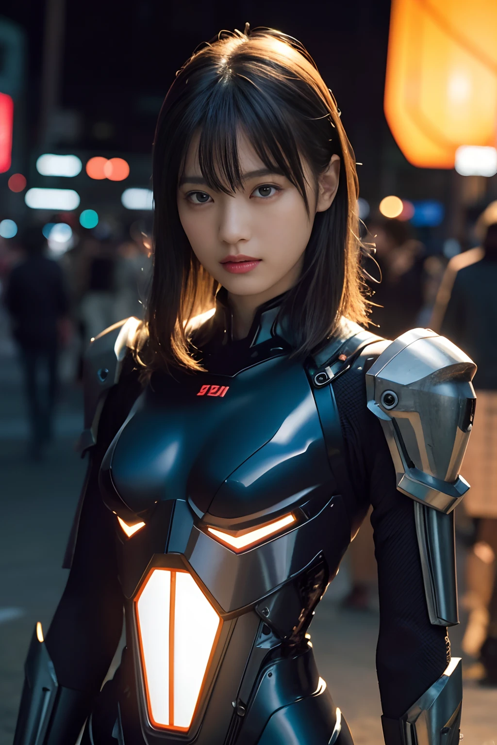 （Fighting mechanical robot soldiers:1.5）、top-quality、​masterpiece、ultra high resolution、(Photorealsitic:1.4)、Raw photo、1girl、Black hair、glowy skin、((1 Mechanical Girl, obvious boudy line, obvious nipple line))、((super realistic details))、portlate、（Small LED lamp）、Wire tubes that glow all over the body、globalillumination、Shadow、octan render、8K、Armpit、ultrasharp、Colossal tits、Small LED lamp、Raw skin is exposed in cleavage、metals、Red bodysuit、Armpit、Cyberpunk city background、Details of complex ornaments、Japan details、highly intricate detail、Realistic light、CGSoation Trends、Blue eyes、radiant eyes、Facing the camera、neon details、（Helmet of the Brave）、Mechanical limbs、blood vessels connected to tubes、Mechanical vertebrae attached to the back、mechanical cervical attaching to neck、Wires and cables connecting to the head、Gundam、Small LED lamp、Particles of light、