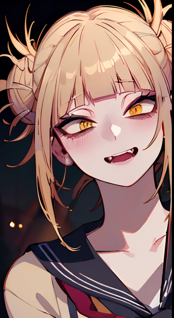 (best quality,4k,8k,highres,masterpiece:1.2), ultra-detailed, (realistic,photorealistic,photo-realistic:1.37), Toga Himiko, flirty expression, menacing, psycho smile, intense eye contact, dark alley, blood on her, good lighting, portraits, vibrant colors, moody atmosphere.