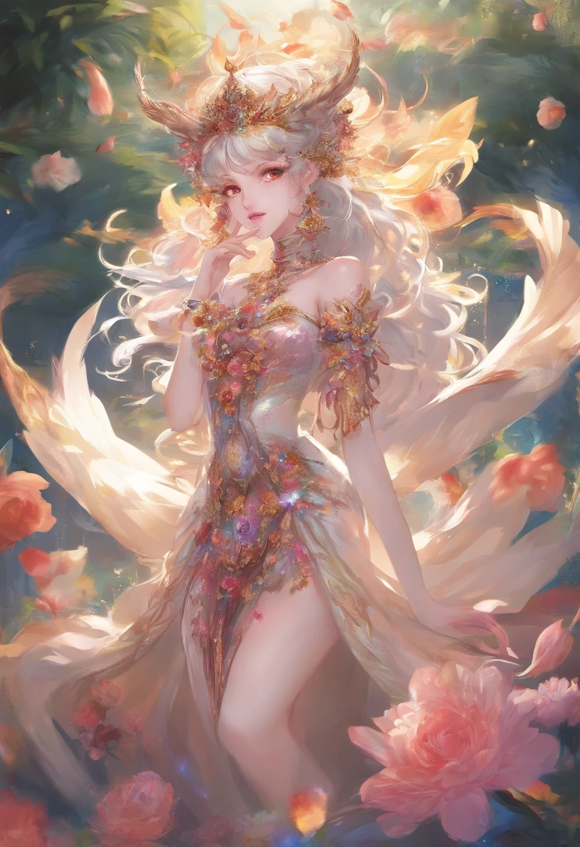 A Woman in an Explosion of Translucent Lilies with the Colors of the Rainbow, ((Realistic Female Body)),Rendered by Octane,Unreal Engine,Rococo Paper Cut,Green and White Watercolor