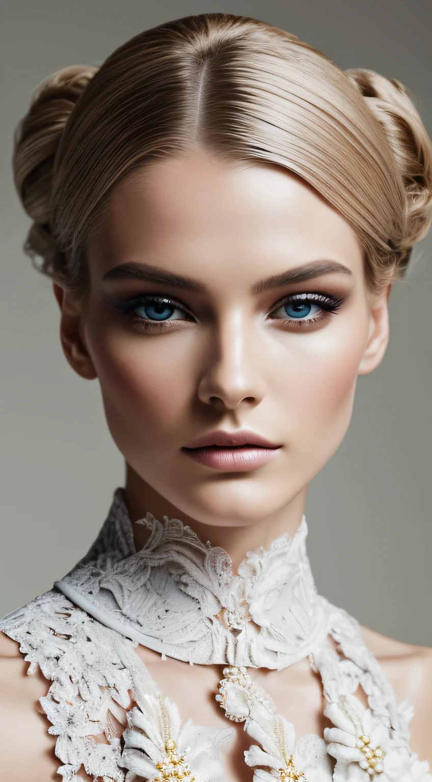 In a high-end fashion editorial, capture a professional portrait of an androgynous model with flawless porcelain skin. The model is adorned in an avant-garde couture outfit, featuring intricate lace details and exaggerated shoulder pads. Their eyes, expertly accentuated with smokey eyeshadow, meet the camera's gaze, exuding an enigmatic allure. The lighting, impeccable with soft highlights and shadows, beautifully complements their sharp, chiseled features. The entire composition emanates sophistication and modernity, showcasing the merging of traditional elegance with contemporary edge.