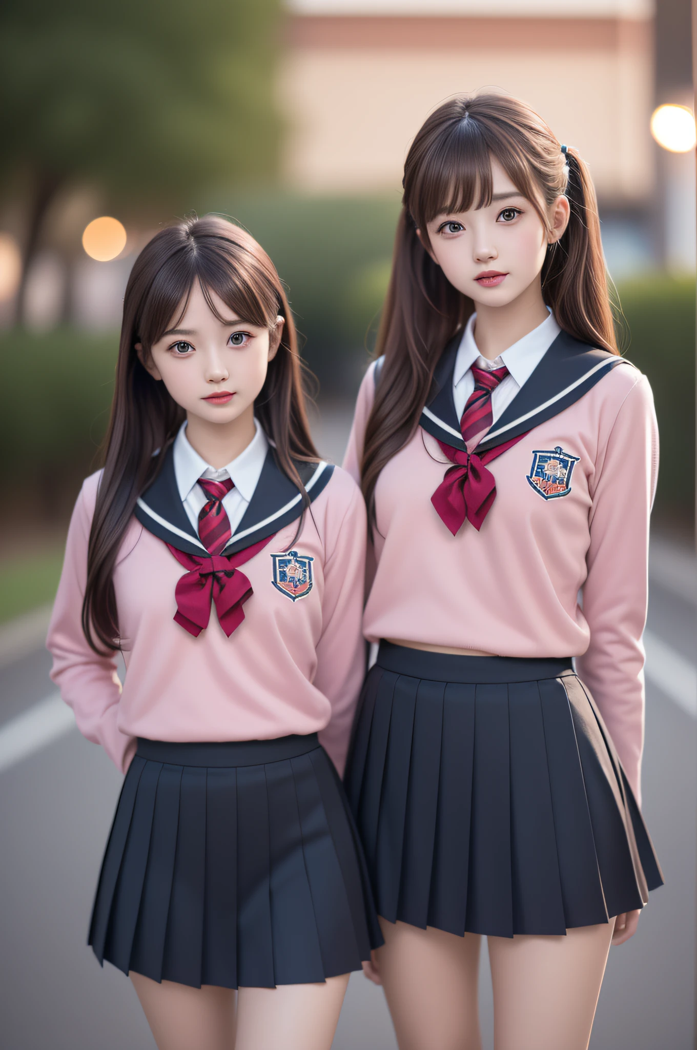((2girls)), ((Best Quality)), (Ultra-detailed), (extremely detailed CG unified 8k wallpaper), Highly detailed, High-definition raw color photos, Professional Photography, (Twintails), Brown hair, Amazing face and eyes, Pink eyes, (amazingly beautiful girl), (hi-school uniform, pleated mini skirt:1.3),