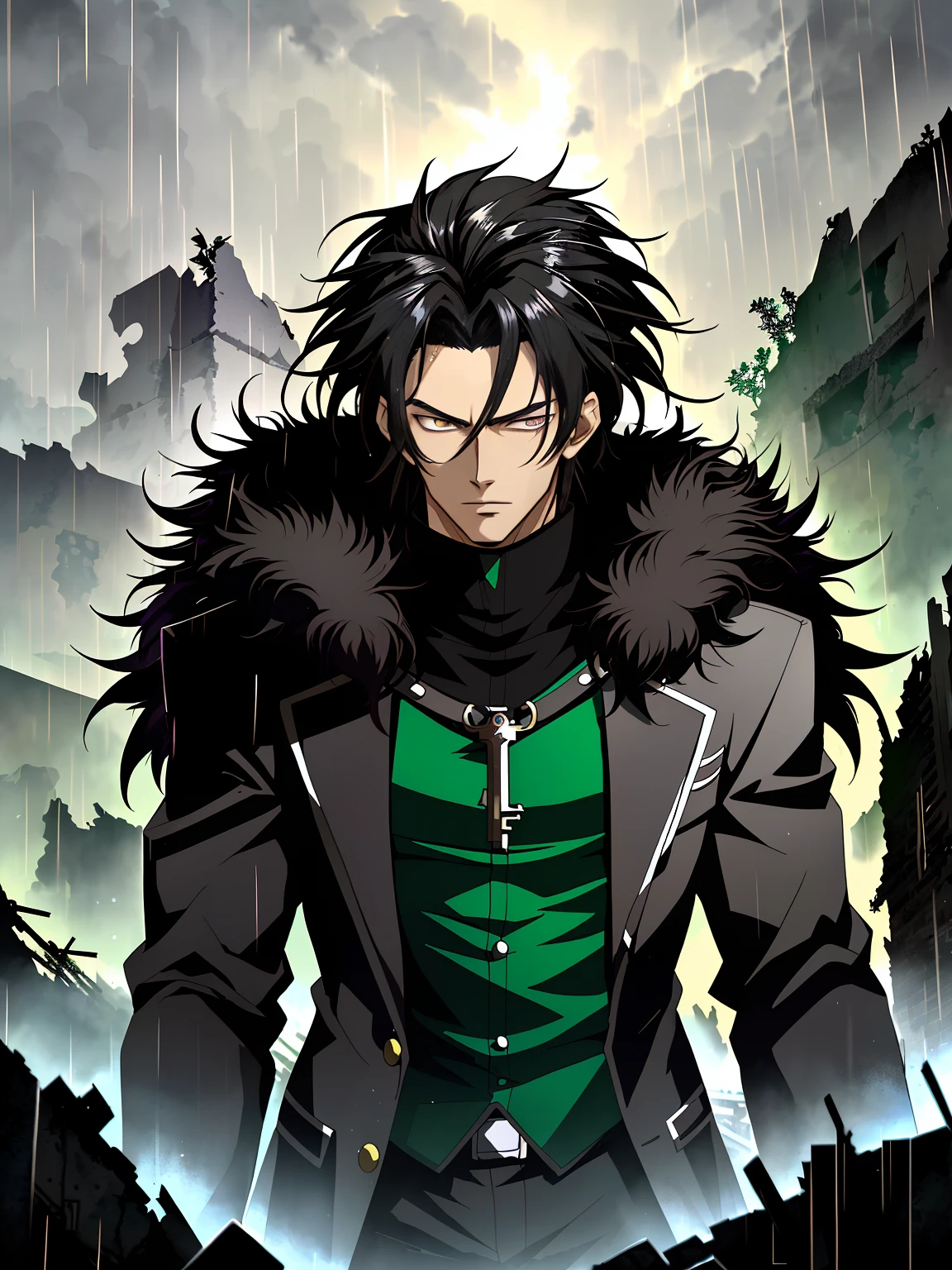 An anime man in a black fur coat stands among the ruins in the rain, Black colored eyes,Black hair,Anime handsome man, Anime portrait of a handsome man, Anime concept HDR anime, Key anime art, male anime character,