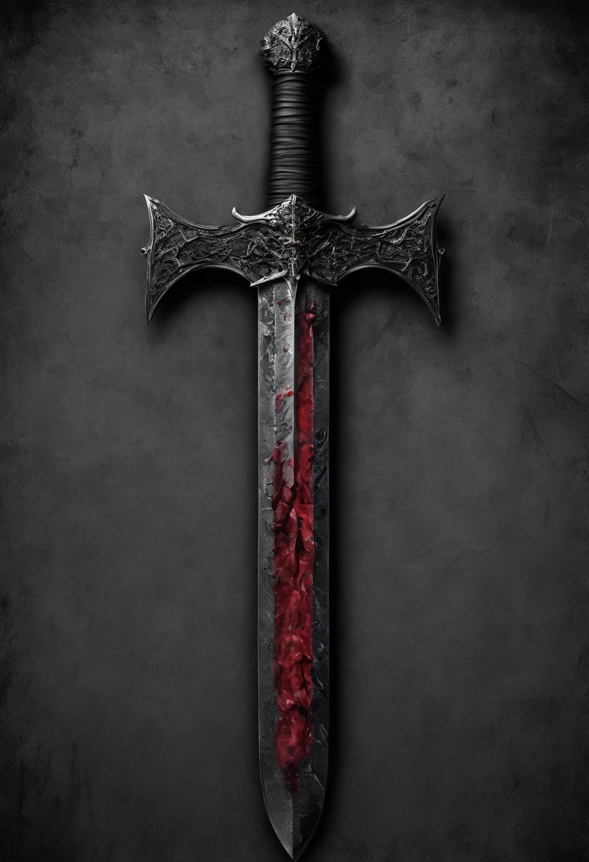 Create a sword with its handle from a black metal, around with white bands that do not cover the entire cable, without edges, a large blade half crimson red and half black, between the division of black and red color blood drips, throughout the blade an aura also crimson red and black