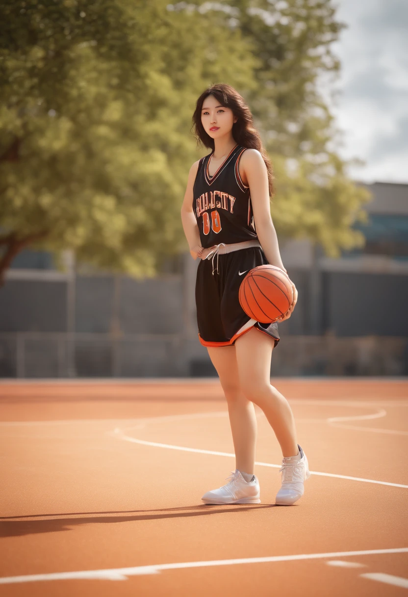 (8K, Best Quality, masutepiece:1.2), (Realistic, Photorealsitic:1.37), Ultra-detailed,Best Quality, 超A high resolution, Professional Lighting, Photon mapping, Radio City, Physically-based rendering, Cinematic lighting, Basketball court,depth of fields, Sharp Focus,sun beam, Good composition,(Bokeh:1.2) 1girl in,Solo,(Full body), (Closed mouth), Detailed eyes, Pose, Narrow waist,Basketball Uniform, Black hair,hair messy,long hair floating in the wind,(ulzzang-6500:1.2), mix4, hiqcgbody Japan High School Girl