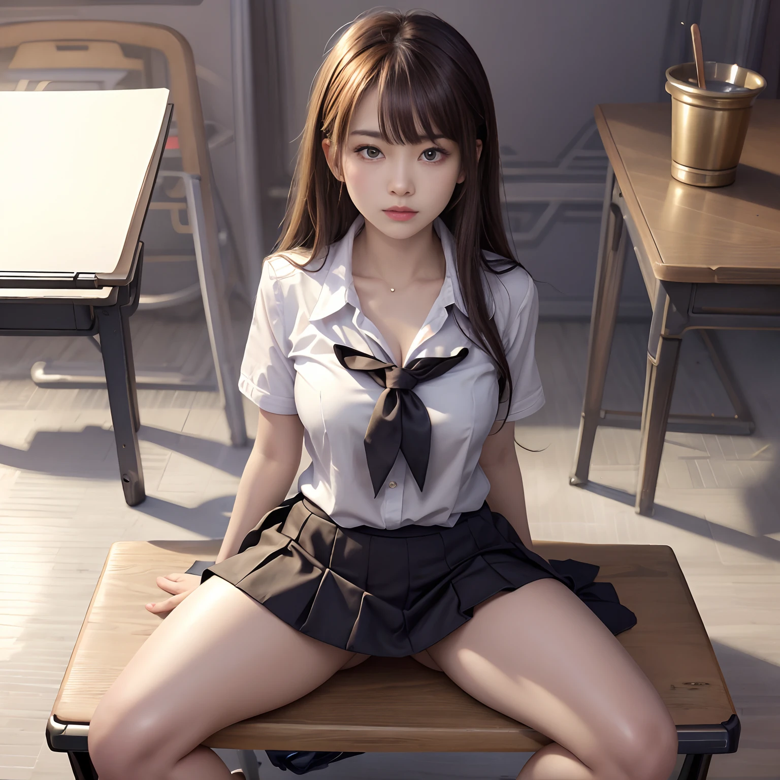 top-quality, ​masterpiece, Beautiful girl sitting at desk, hi-school girl, 校服, plump big breasts,  Open legs, White blouses, pleatedskirt, Shy look,