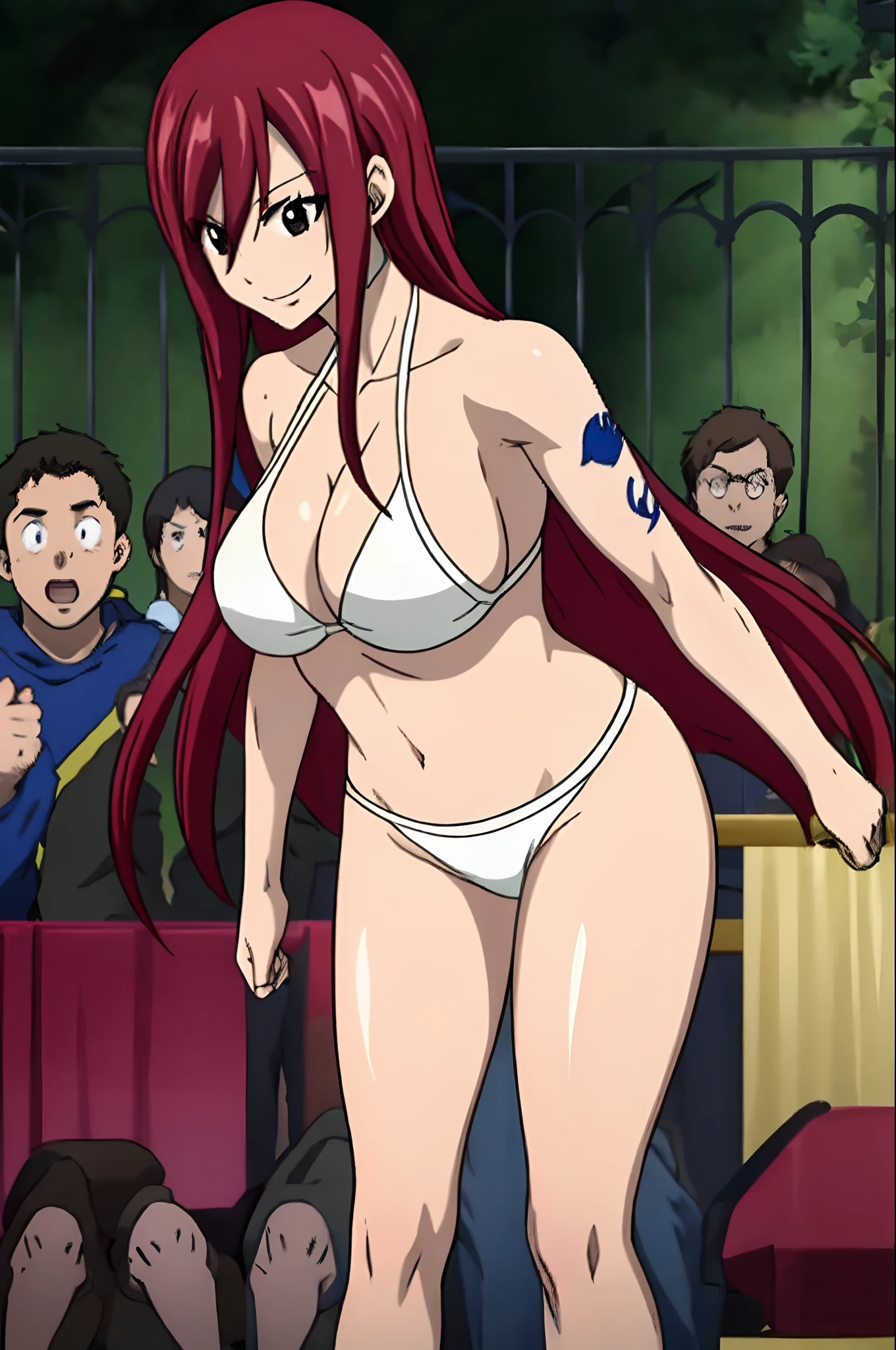 best quality, hires, Scarlet erza, (black bikini), location: wresting colosseum with crowd watching, adult woman, mature woman, big breasts, lying down, cowboy shot, best quality, ((right shoulder)), slightly strong arms, looking at viewer, important: shoulder tattoo only), big smile, (broad shoulders, strong arms), perfect body, no injuries, clean body, from left side, standing, white high heel shoes