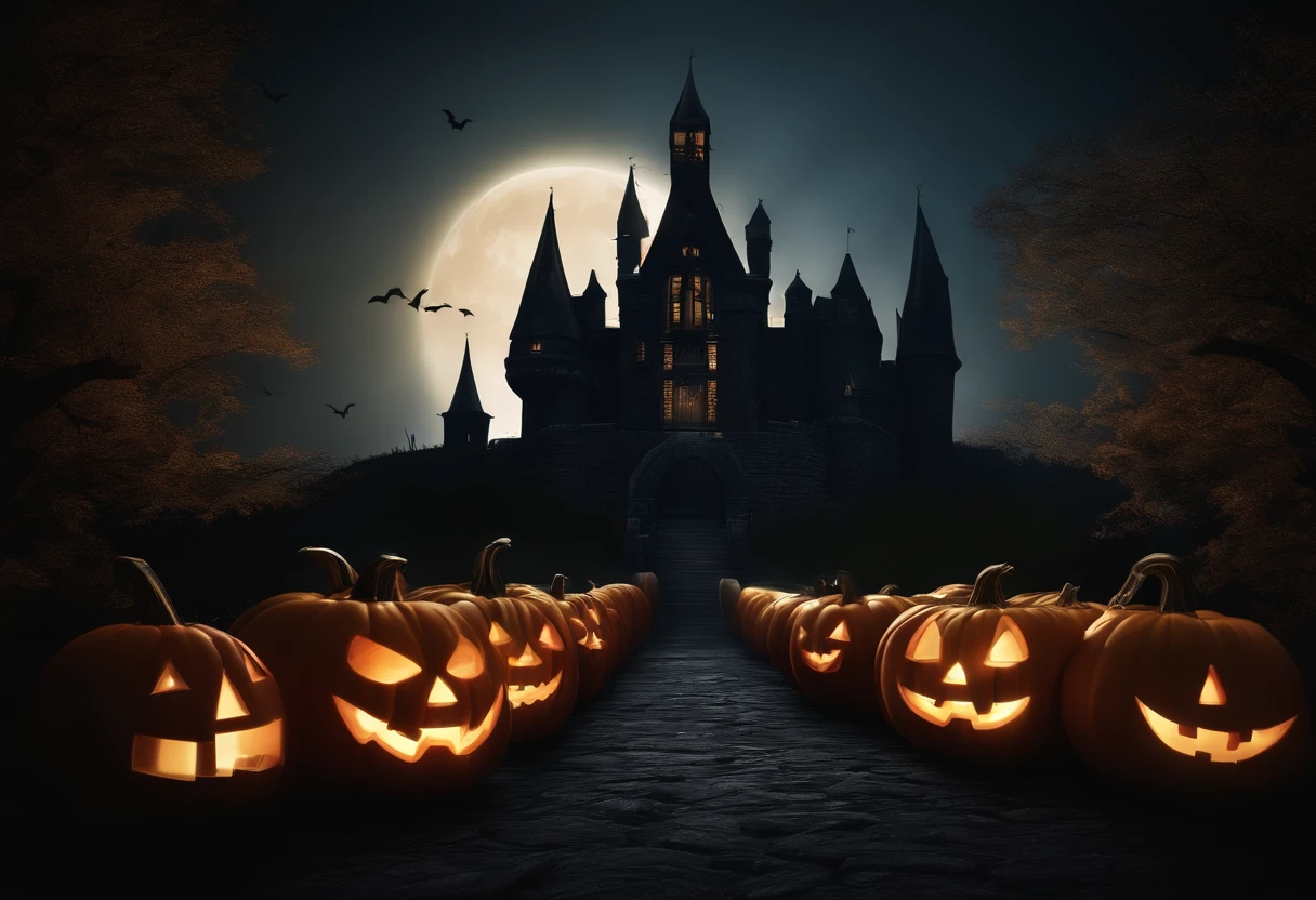 Happy Halloween background with pumpkin and castle, halloween celebration, Halloween, halloween wallpaper with ghosts, halloween theme, halloween atmosphere, spooky halloween fun, halloween night, in a halloween style, terroral》, horror”, creepy themed, halloween scene, spooky halloween night, Trick or Treat, ❤🔥🍄🌪, 8K)), header text”