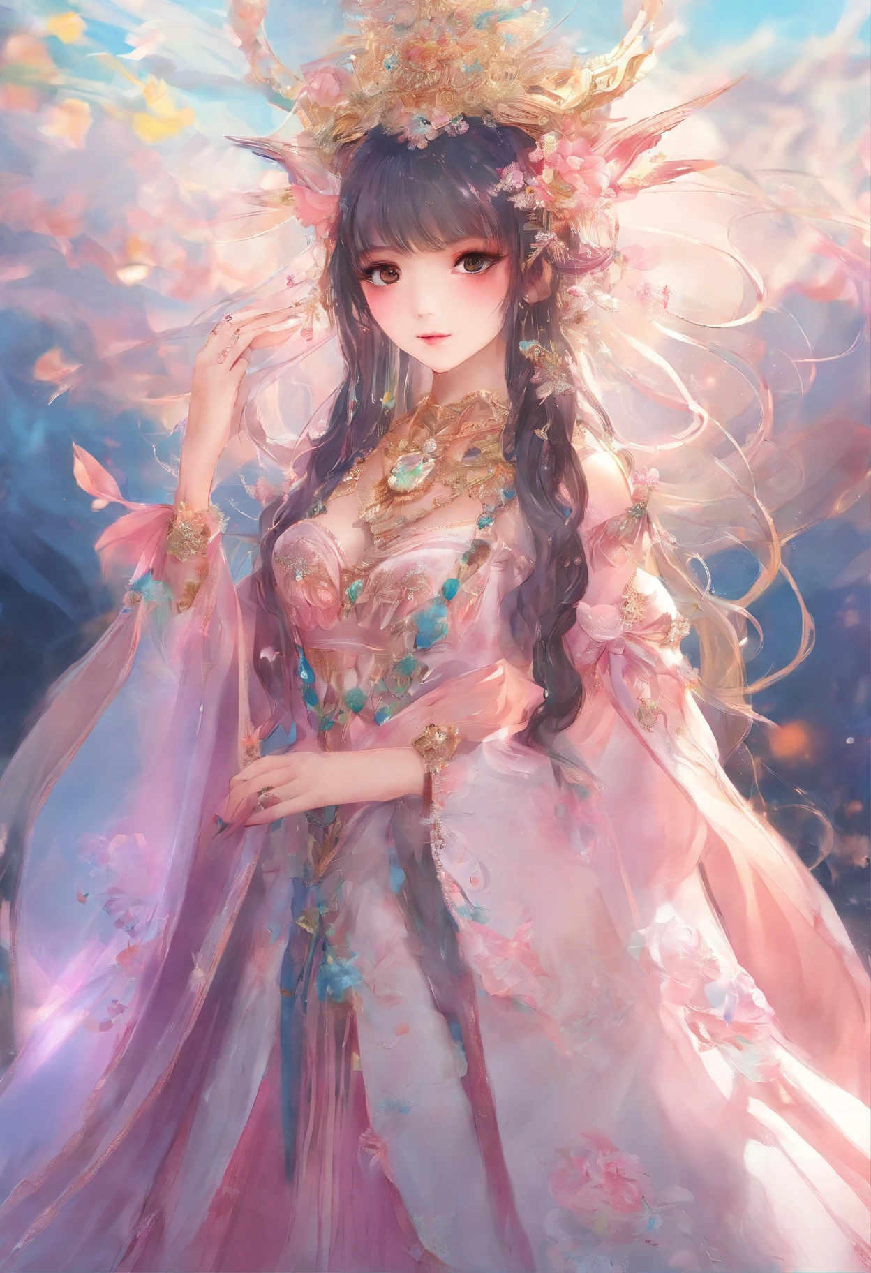 Lazy girl，Robes，tiara crown，Water-based clothing，Dragon robe，Chinese costumes，tmasterpiece，Highest image quality，The most exquisite artistic painting，8k，Crystal shoes，Crystal necklace，Crystal jewelry，daryl，trends in art station，pixiv，Selected，cinematic compositions，Dramatic pose，beautiful light up，sharp，the detail，ultra - detailed，k hd