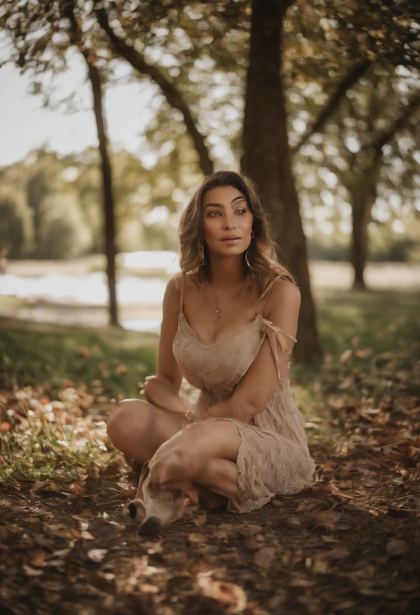 (masterpiece), (best quality), (ultra detailed), 1girl, ((sexy pose)), blush,big breasts, big butt, casual clothes, happy, looking at viewer, large hair, brown hair, in the park with trees, shy