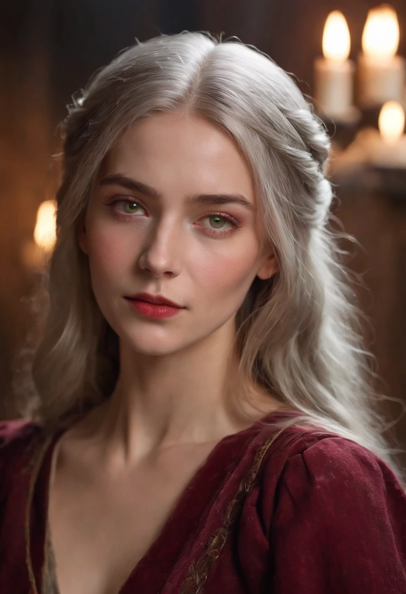 (((A deep red wound streaked across her left cheek))) Fair complexion, A woman around 19 years old, Natural gray hair, Unique green eyes, Wear Cole, Slender and graceful, Beautiful, Candlelight in a medieval setting, super sharp focus, realistic lens, Medieval women's clothing, Four colors (Scar:1.4)