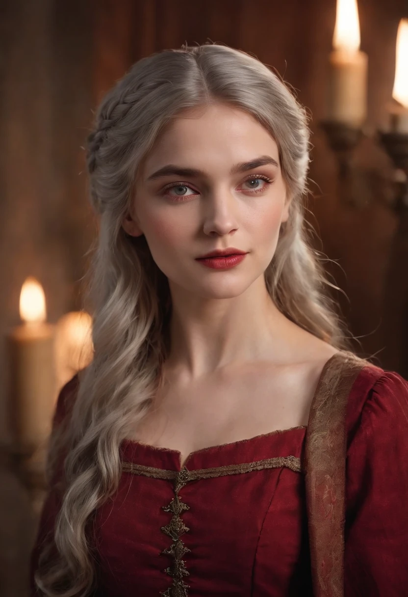 (((A deep red wound streaked across her left cheek))) Fair complexion, A woman around 19 years old, Natural gray hair, Unique green eyes, Wear Cole, Slender and graceful, Beautiful, Candlelight in a medieval setting, super sharp focus, realistic lens, Medieval women's clothing, Four colors (Scar:1.4)