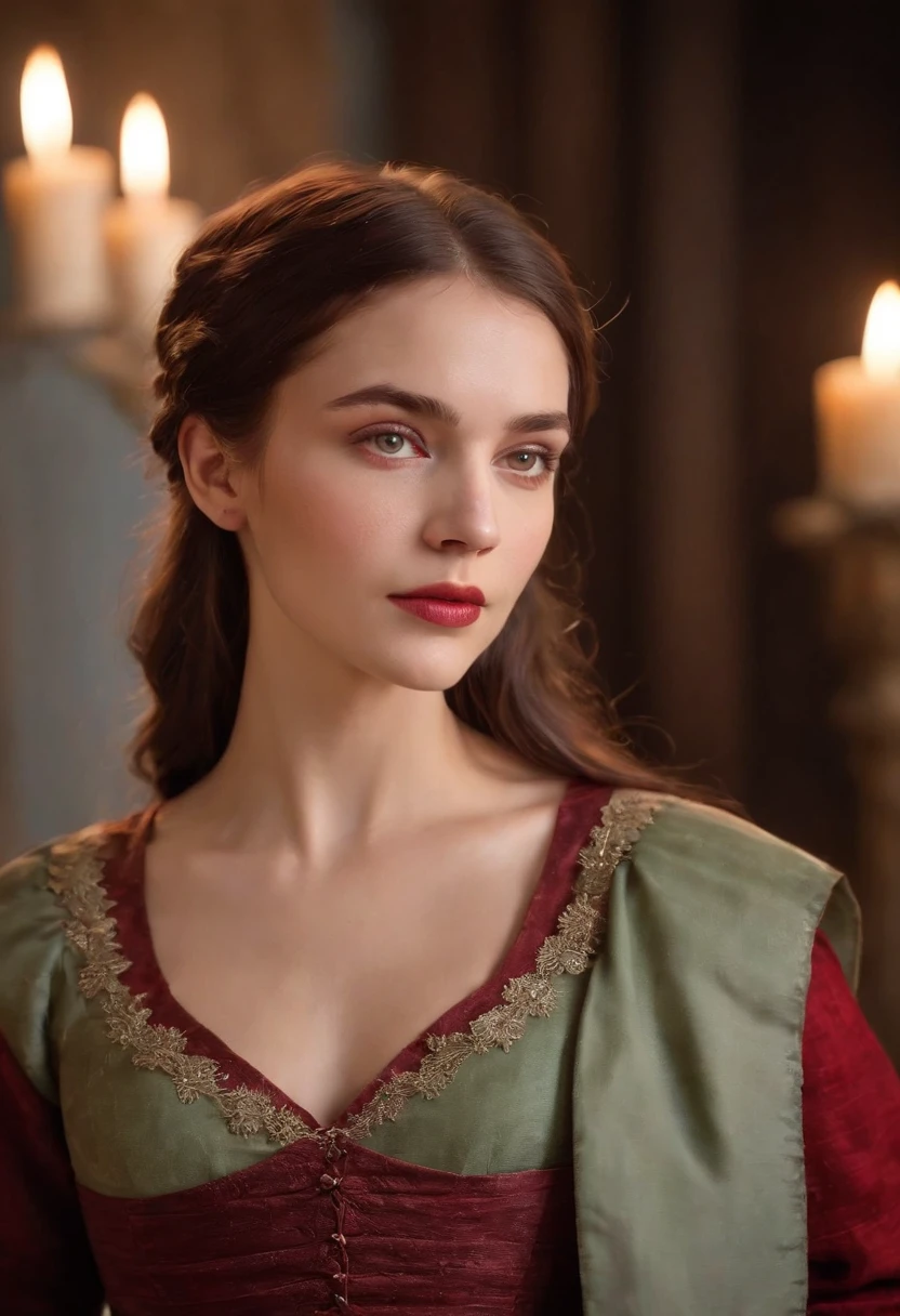 (((A deep red wound streaked across her left cheek))) Fair complexion, A woman around 19 years old, Natural gray hair, Unique green eyes, Wear Cole, Slender and graceful, Beautiful, Candlelight in a medieval setting, super sharp focus, realistic lens, Medieval women's clothing, Four colors (Scar:1.4)