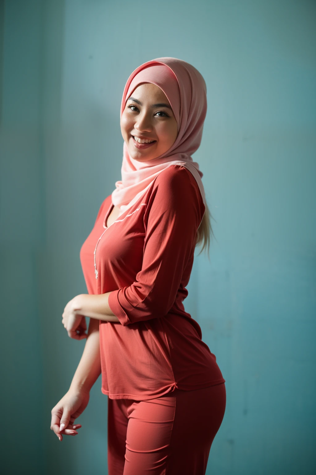 Malay girl in hijab wearing sexy redcolor pajamas portrait photography, mid shot photo, ultra detail, professional photograph with professional lighting, smile, light blue studio background, sexy seducing pose, curvy