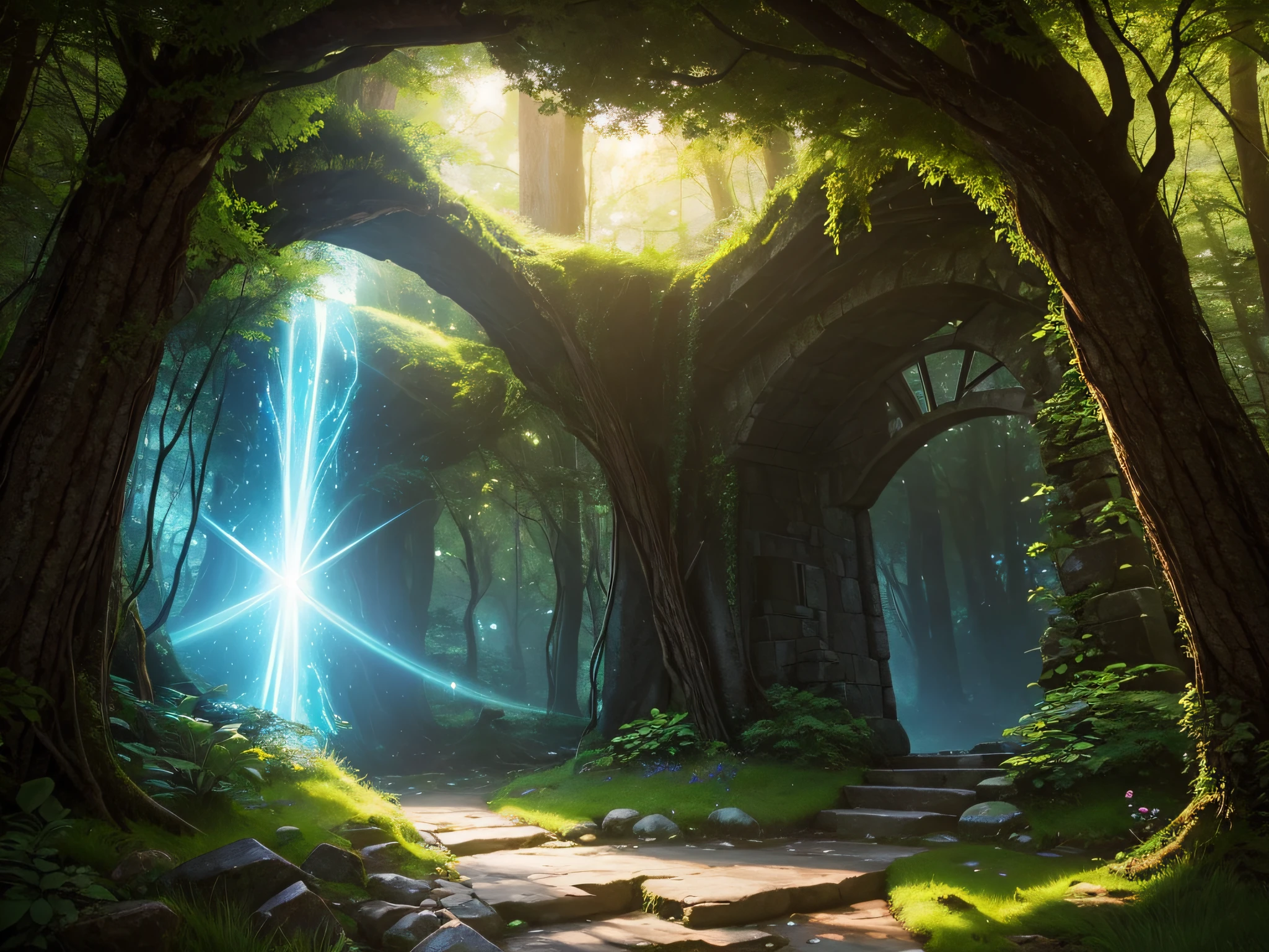 Magical Portal: Visualize a shimmering portal in a hidden glen, emitting a soft, enchanting light and inviting you to step into another world.