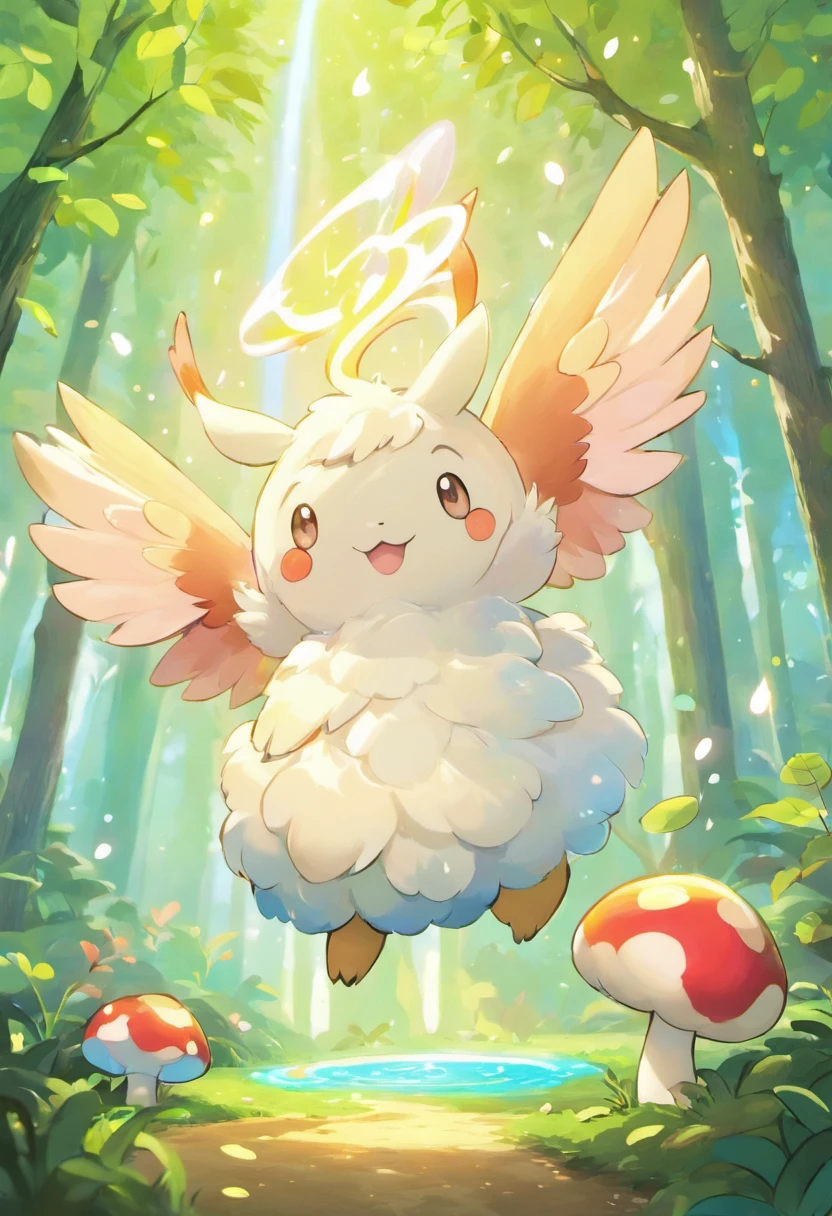 A spellbinding moment in ultra-high definition 3D showcases Fluffernox, a fictional Pokémon, nestled in a forest clearing surrounded by luminescent mushrooms. Fluffernox, artfully rendered with plush feathers and iridescent scales, is seen gently flapping its wings, causing the spores from the mushrooms to swirl around, each one carrying a tiny spark of magic. The spores interact with Fluffernox's scales, creating a cascade of colors that light up the forest in a dazzling display. The overall atmosphere is whimsical, filled with enchantment and the beauty of nature.