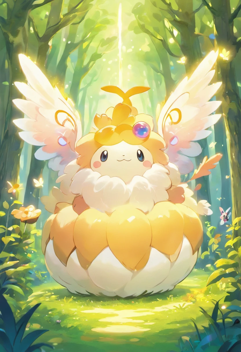 A spellbinding moment in ultra-high definition 3D showcases Fluffernox, a fictional Pokémon, nestled in a forest clearing surrounded by luminescent mushrooms. Fluffernox, artfully rendered with plush feathers and iridescent scales, is seen gently flapping its wings, causing the spores from the mushrooms to swirl around, each one carrying a tiny spark of magic. The spores interact with Fluffernox's scales, creating a cascade of colors that light up the forest in a dazzling display. The overall atmosphere is whimsical, filled with enchantment and the beauty of nature.